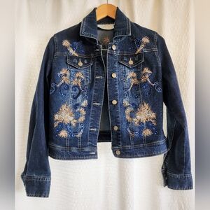 Embroidered Denim Jacket, Gold and Blue Diamond Studded, Size Small